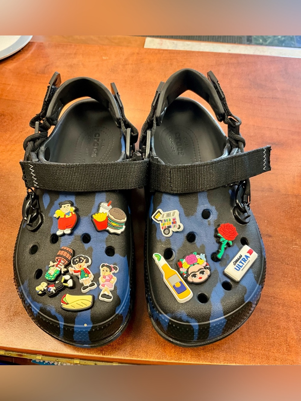 CROCS Clog Sandals in Black and Blue with Charm Accents